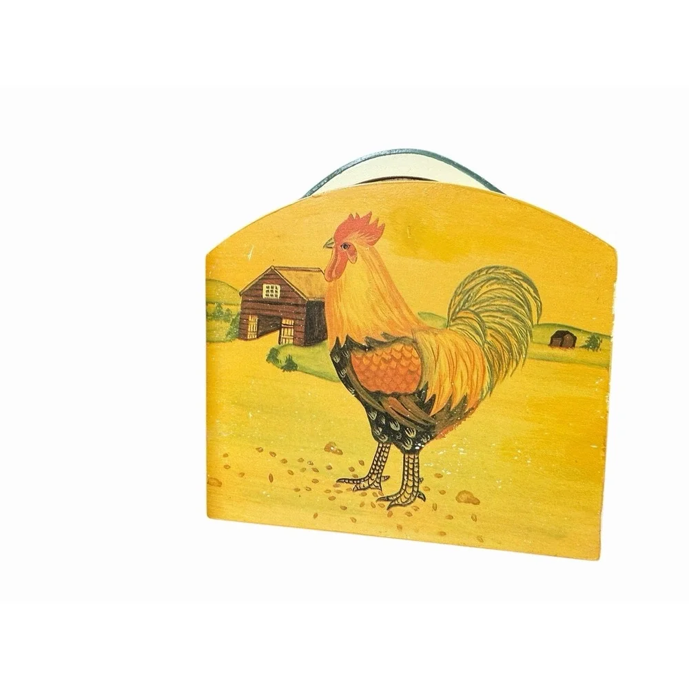 Vintage Rooster Recipe Box w Recipe Cards & Coasters Farmhouse Kitchen Decor Set
